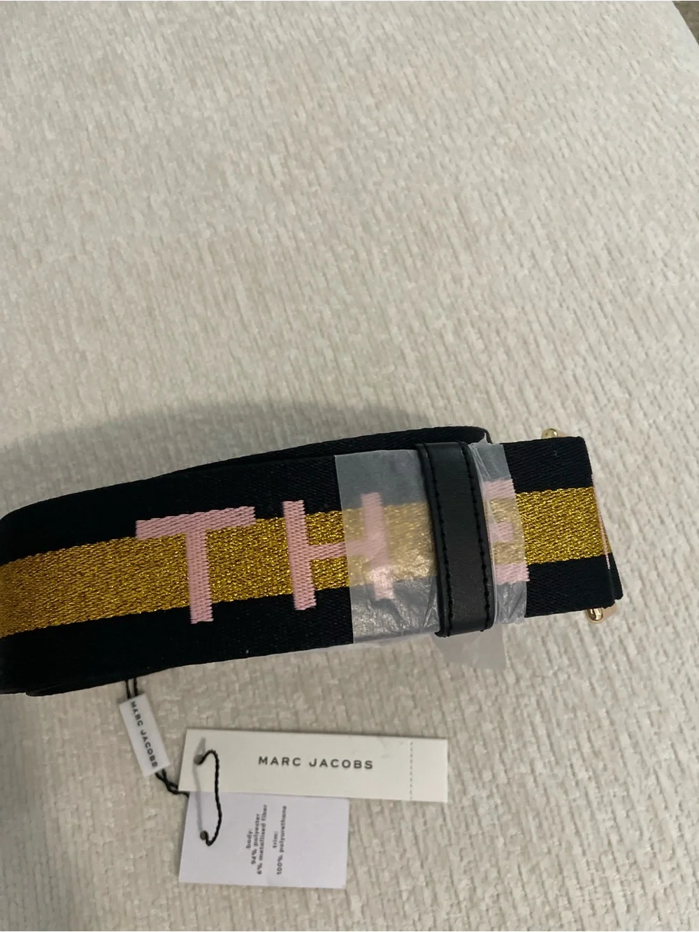 Marc Jacobs Black Webbing Strap with Gold Metallic Stripe and Light Pink Logo